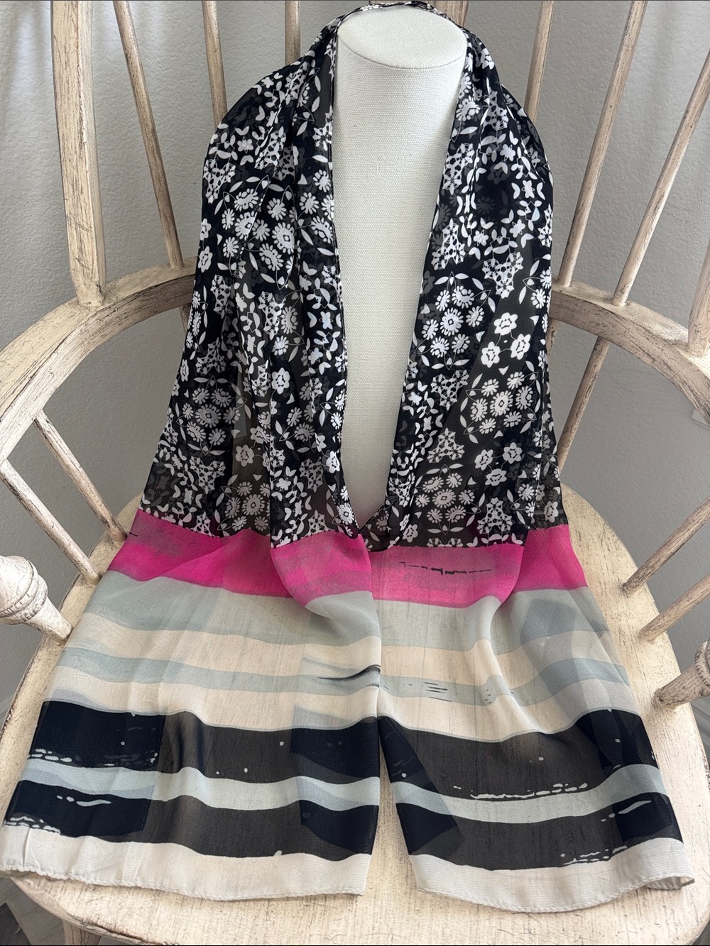 Boho Mixed Print Sheer Scarf 🌸 Black, White & Hot Pink
